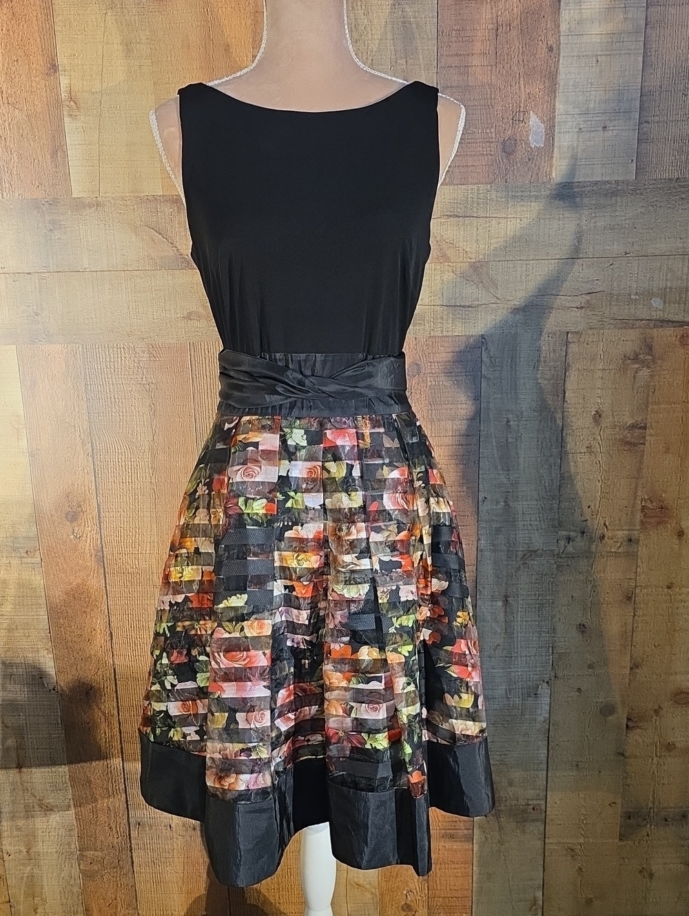 Black Sleeveless Midi Dress with Floral Panel Skirt